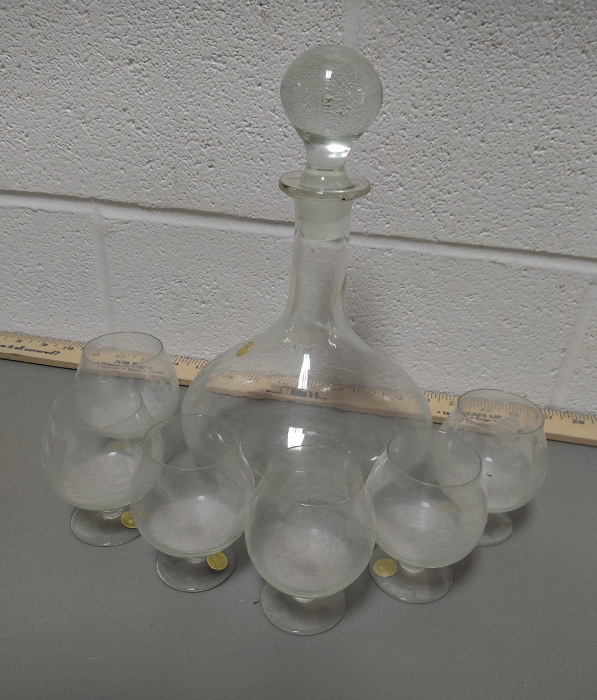 Vintage Clear Glass Decanter Set Etched Sailing Ship 1 Decanter 6 Glasses
