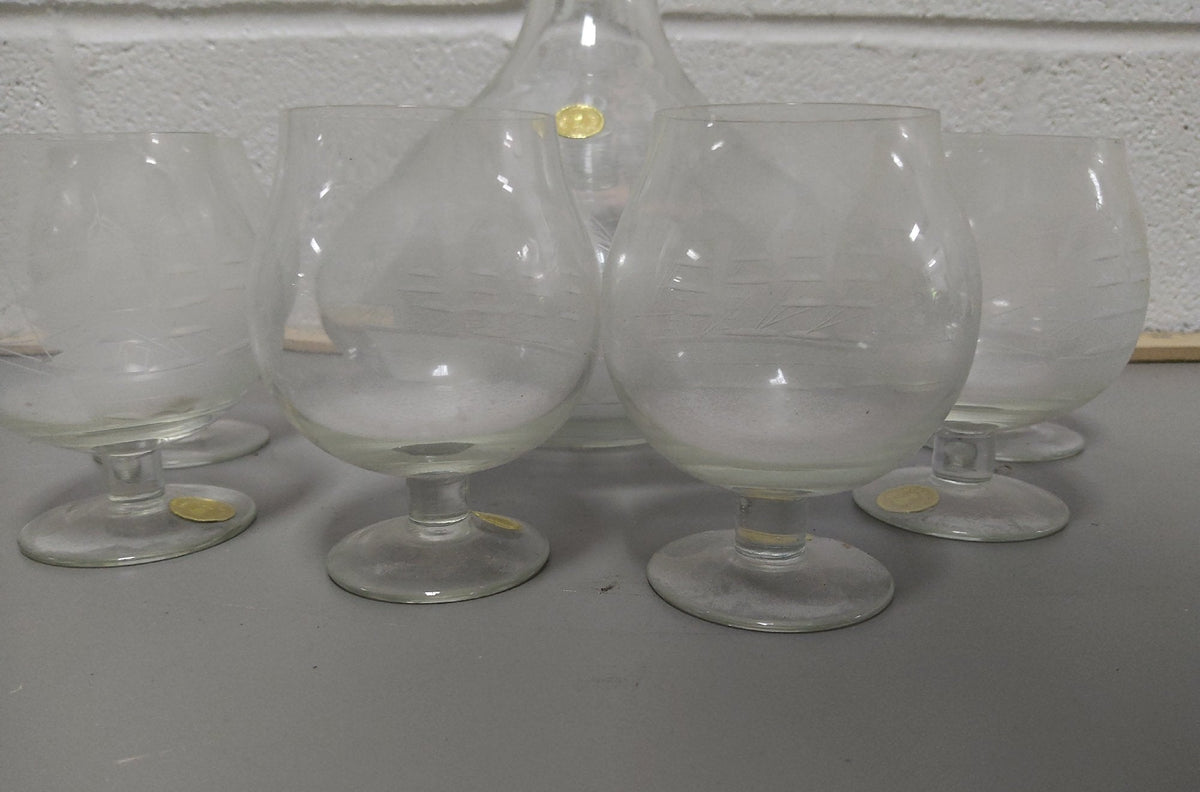 Vintage Clear Glass Decanter Set Etched Sailing Ship 1 Decanter 6 Glasses
