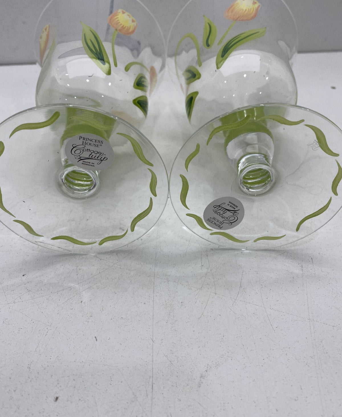 Set of 2 Princess House Cottage Tulip Goblets Hand Painted Glass 6.5 Inch