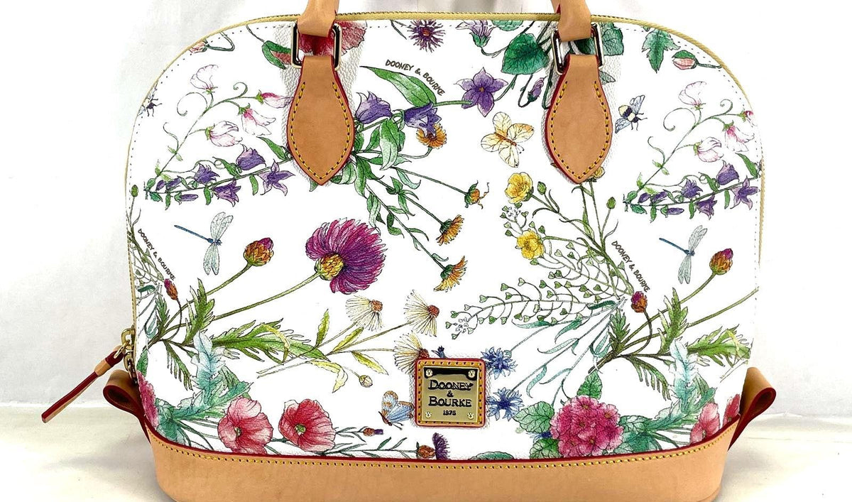 Dooney and Bourke Zip Zip satchel in white wildflower and butterfly print with tan leather trim, view 4