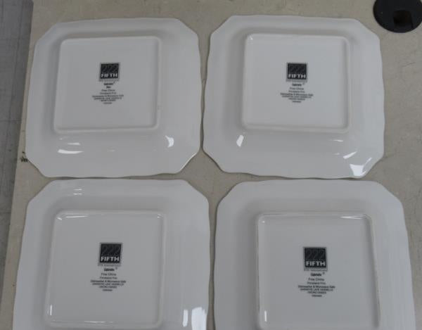 Four square red salad plates with large ivory, blush and plum blossoms and scalloped edges, view 5