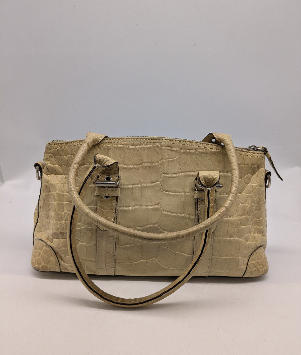 Dooney & Bourke beige crocodile embossed leather boxy satchel with duck emblem fob, view 3