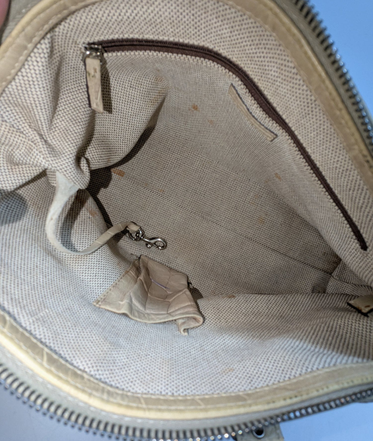 Dooney & Bourke beige crocodile embossed leather boxy satchel with duck emblem fob, view 7