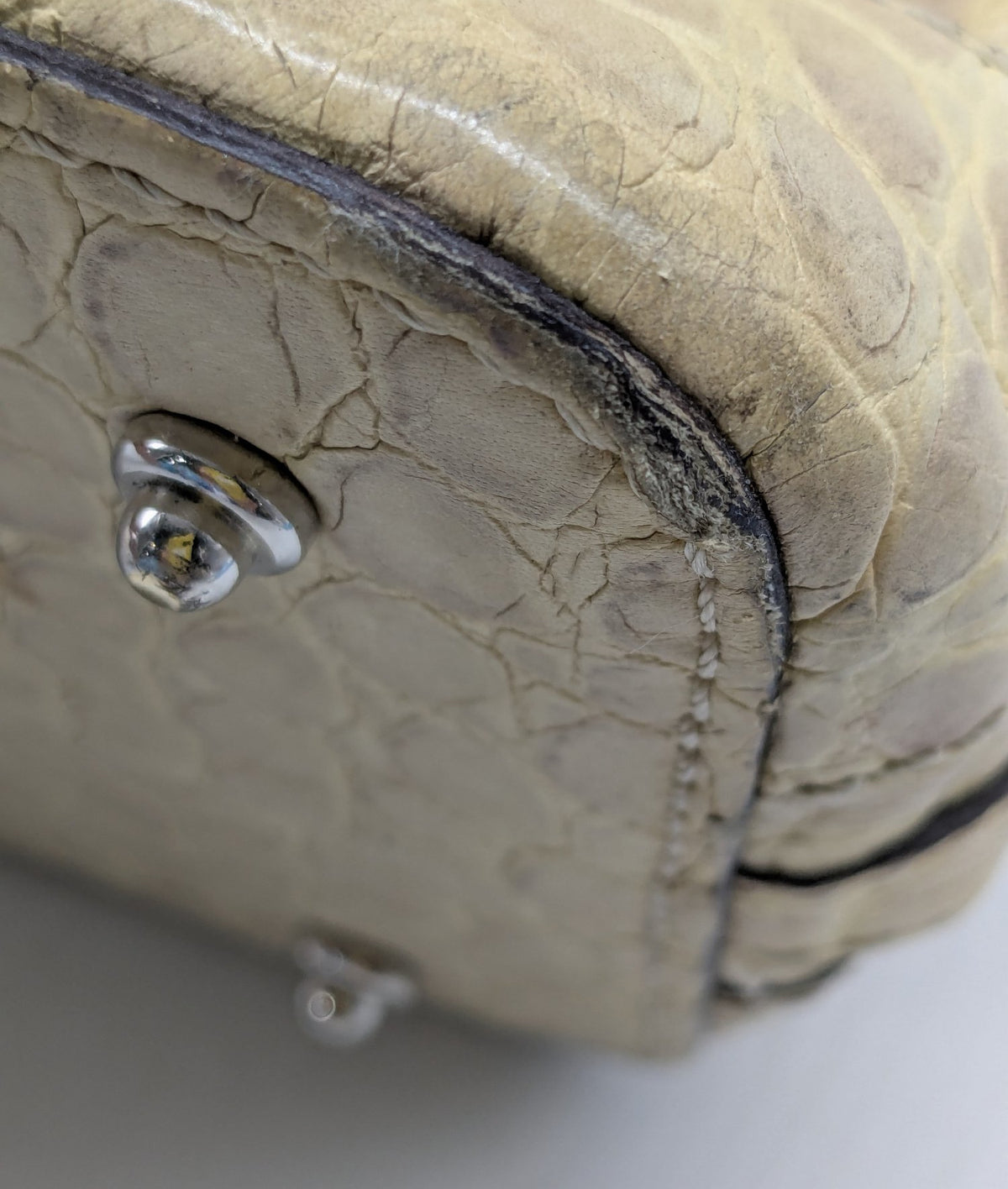 Dooney & Bourke beige crocodile embossed leather boxy satchel with duck emblem fob, view 8