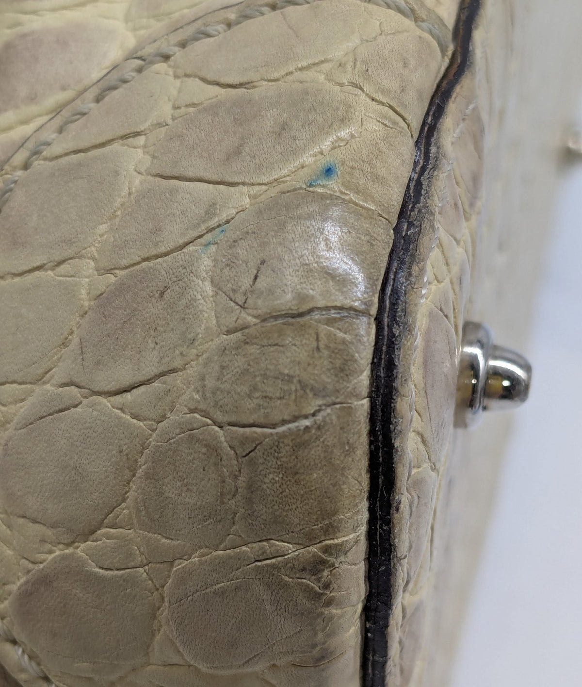 Dooney & Bourke beige crocodile embossed leather boxy satchel with duck emblem fob, view 9