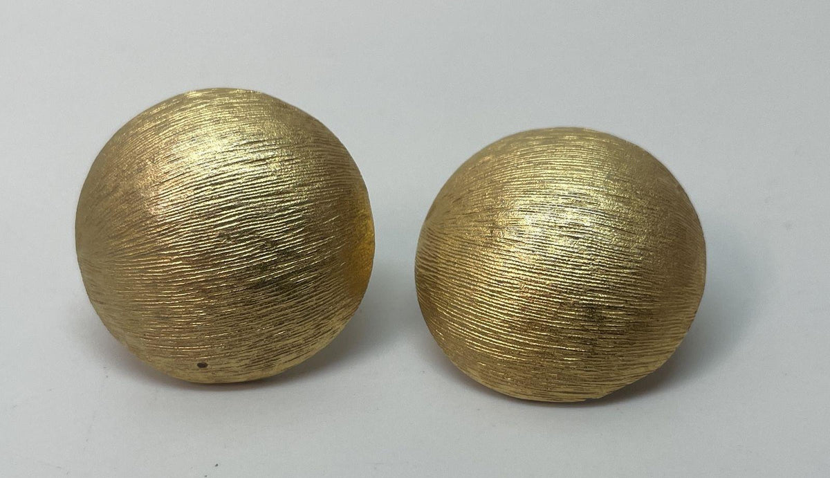 Trifari gold-tone round domed clip-on earrings with textured brushed surface, view 2
