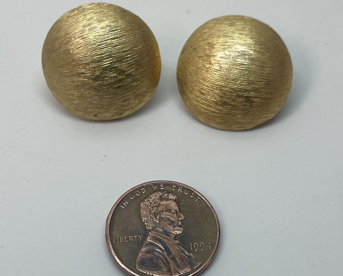 Trifari gold-tone round domed clip-on earrings with textured brushed surface, view 3