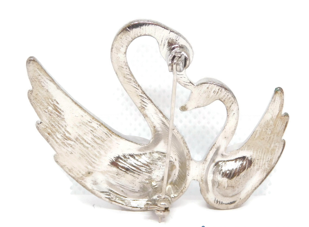 Vintage Silver-Tone Mother & Baby Swan Rhinestone Brooch