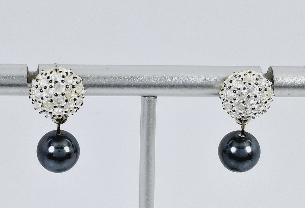 Vintage Silvertone Gold Faux Pearl & Crystal Cluster Drop Earrings w/14K Post