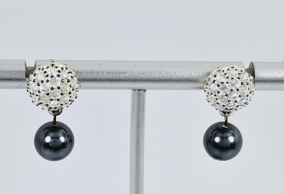 Drop earrings with crystal pavé cluster tops and charcoal gray faux pearls, view 2