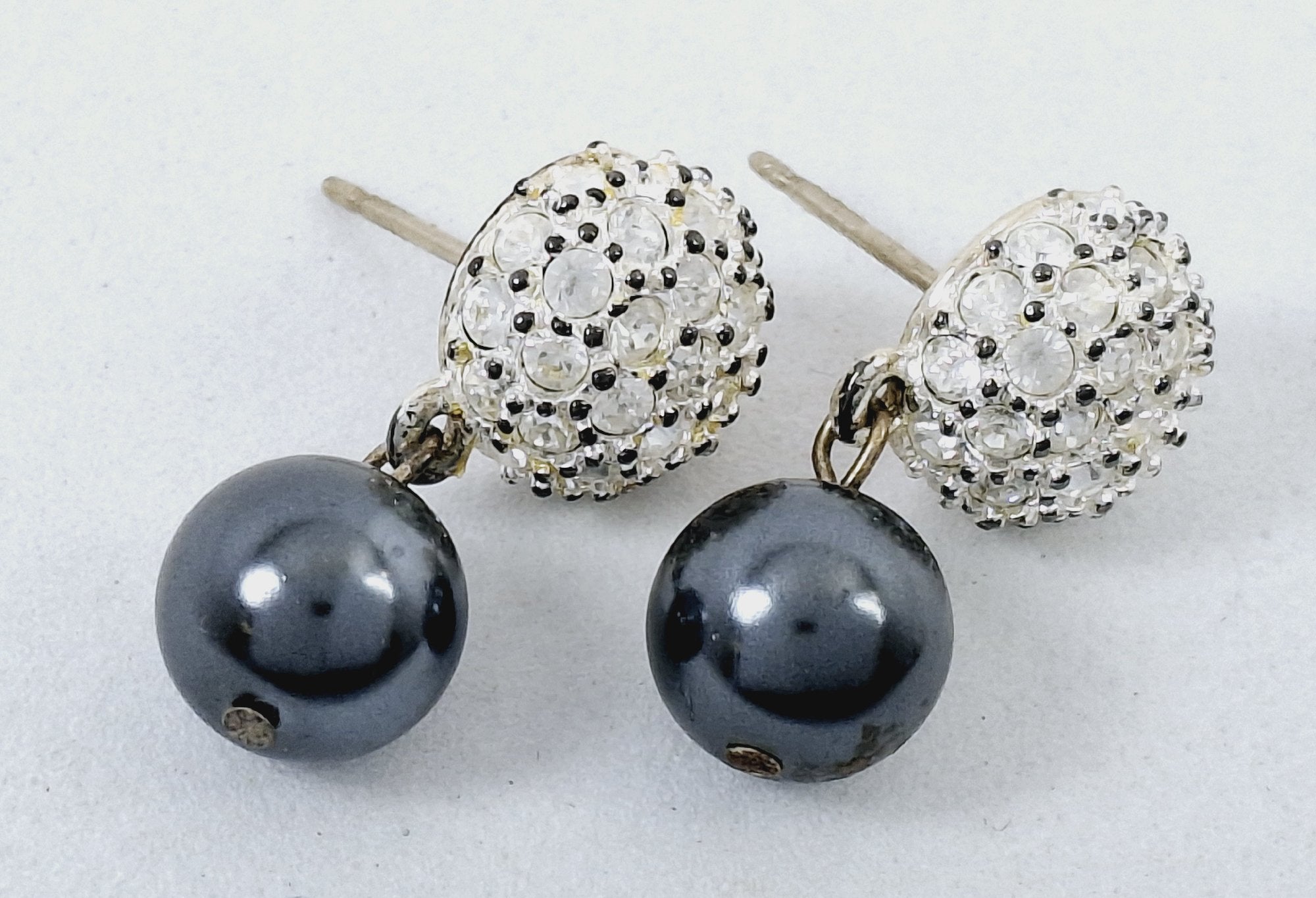 Vintage Silvertone Gold Faux Pearl & Crystal Cluster Drop Earrings w/14K Post
