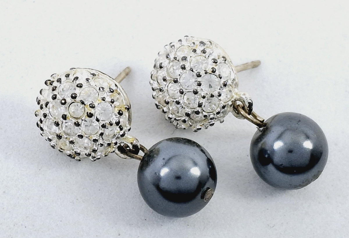 Drop earrings with crystal pavé cluster tops and charcoal gray faux pearls, view 4