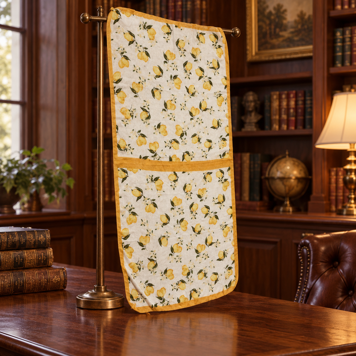 Lemon and botanical print scarf on ivory with golden-yellow border and tassel trim