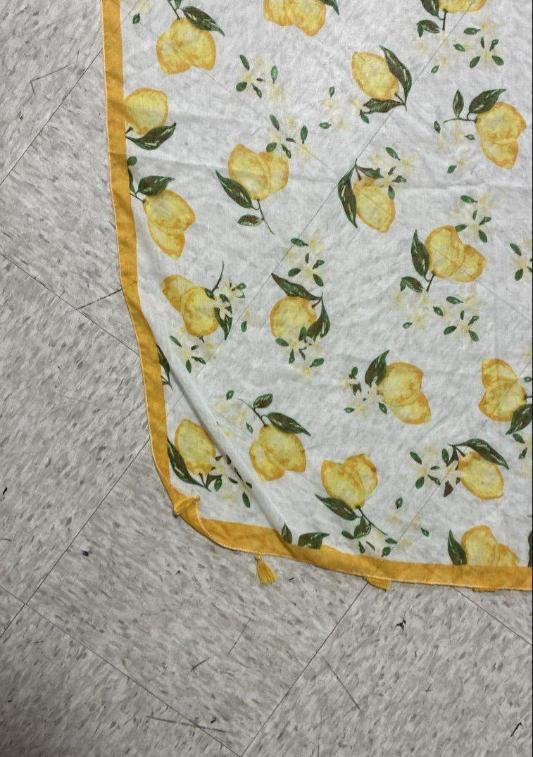 Lemon and botanical print scarf on ivory with golden-yellow border and tassel trim, view 4