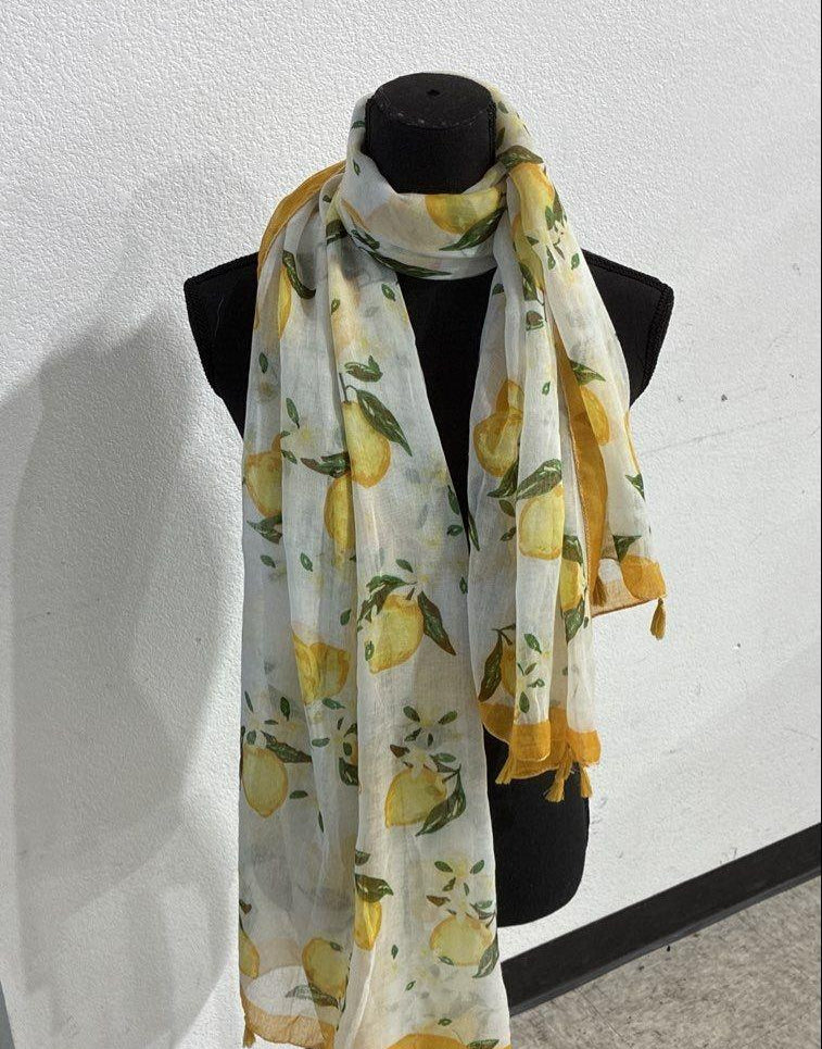 Lemon and botanical print scarf on ivory with golden-yellow border and tassel trim, view 7