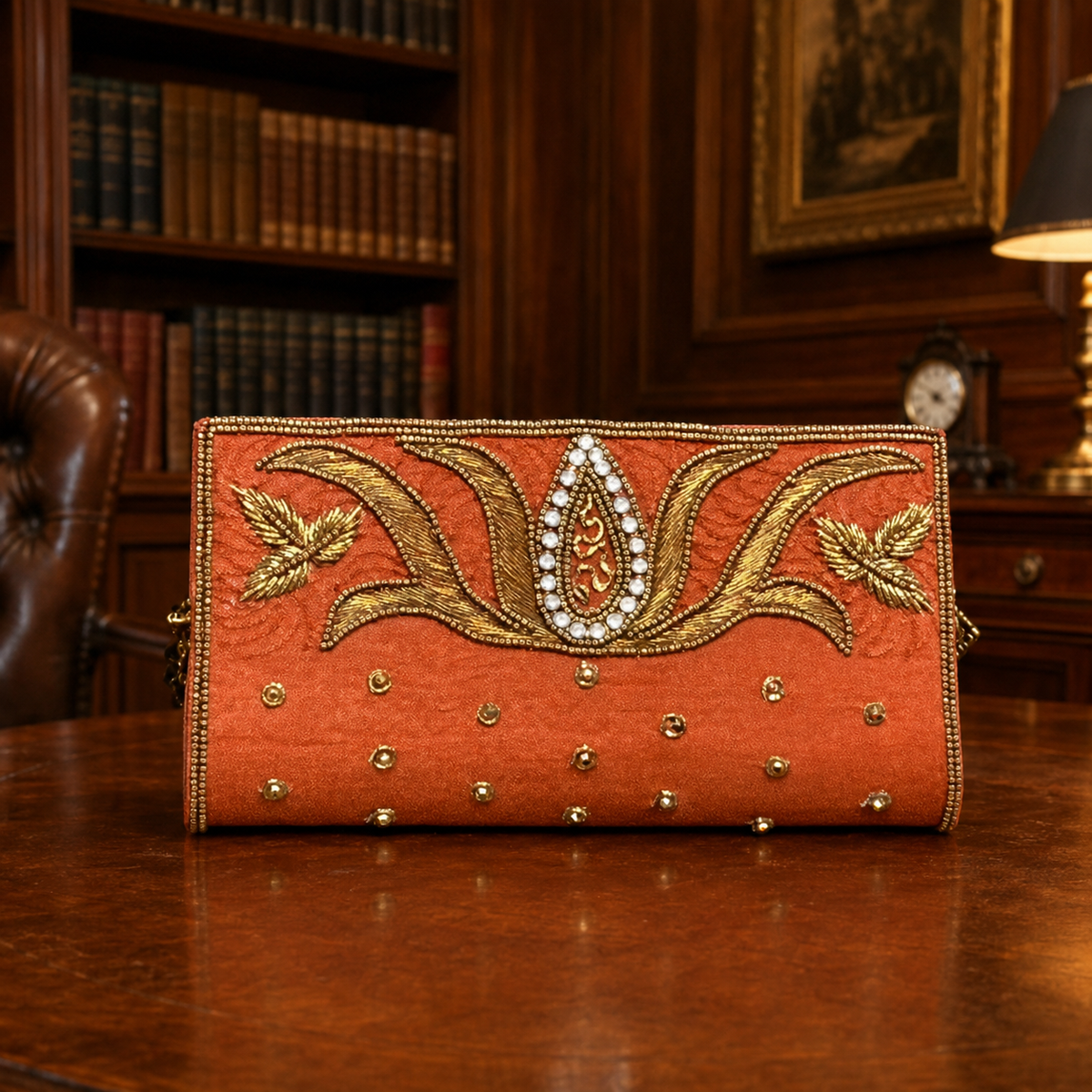Orange Zardosi Beaded Envelope Clutch Gold Floral Work