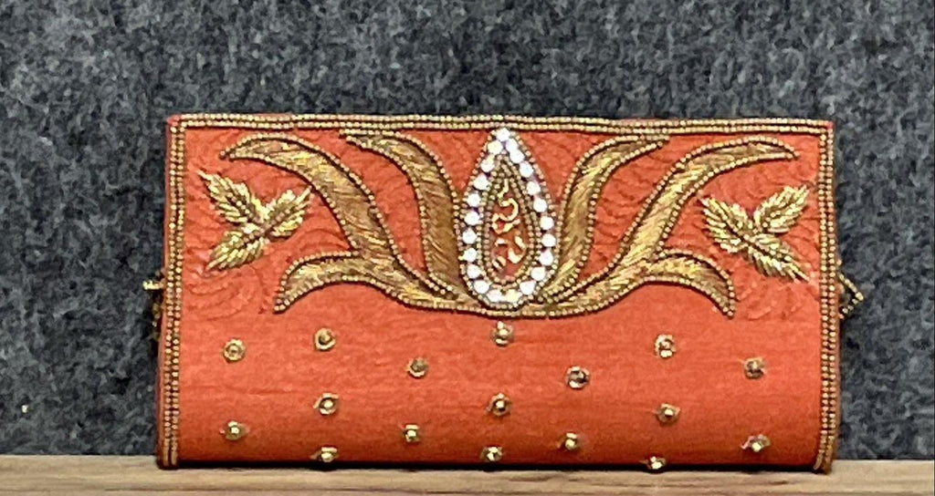 Orange Zardosi Beaded Envelope Clutch Gold Floral Work