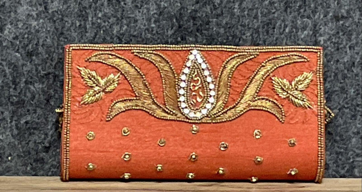 Orange Zardosi Beaded Envelope Clutch Gold Floral Work