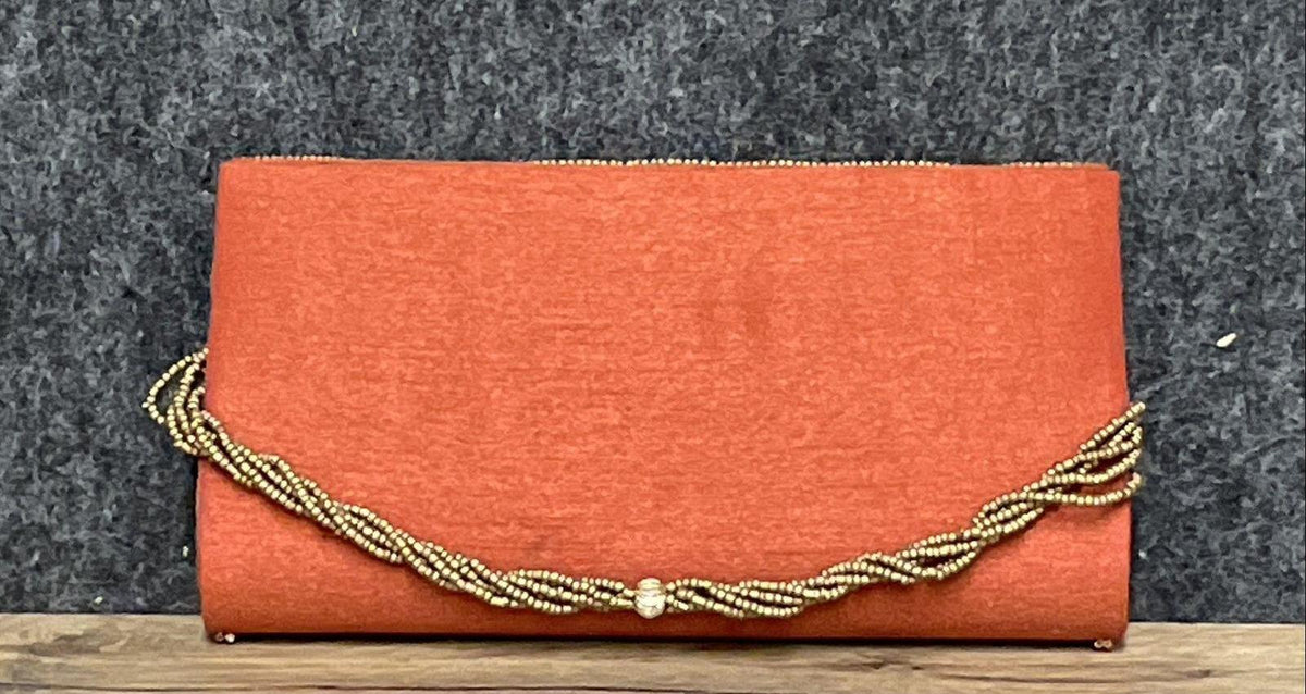 Orange Zardosi Beaded Envelope Clutch Gold Floral Work