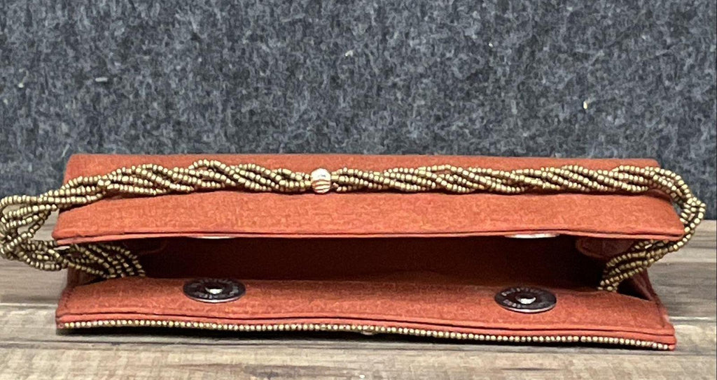 Orange Zardosi Beaded Envelope Clutch Gold Floral Work