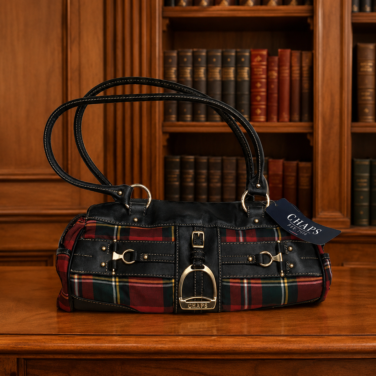 Chaps Tartan Plaid Shoulder Bag Gold Stirrup Hardware NWT