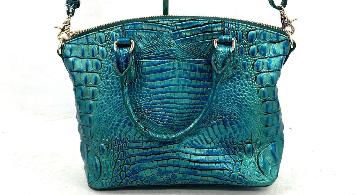 Teal blue-green croc-embossed leather satchel with top handles and shoulder strap, view 4