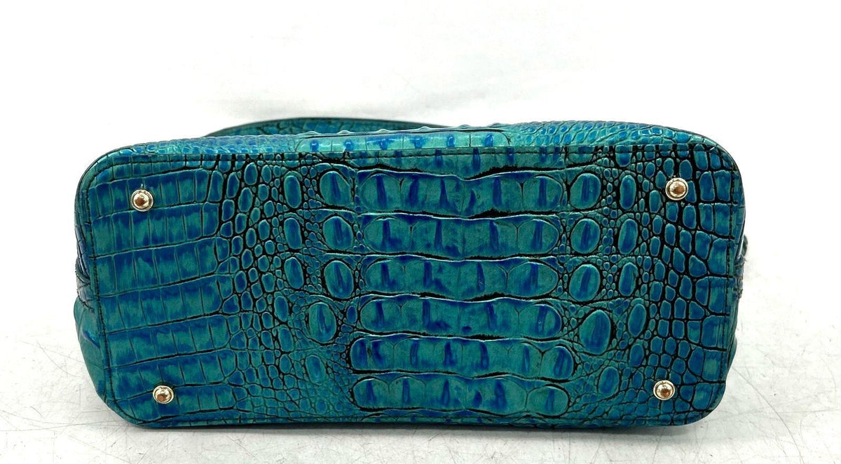 Teal blue-green croc-embossed leather satchel with top handles and shoulder strap, view 6
