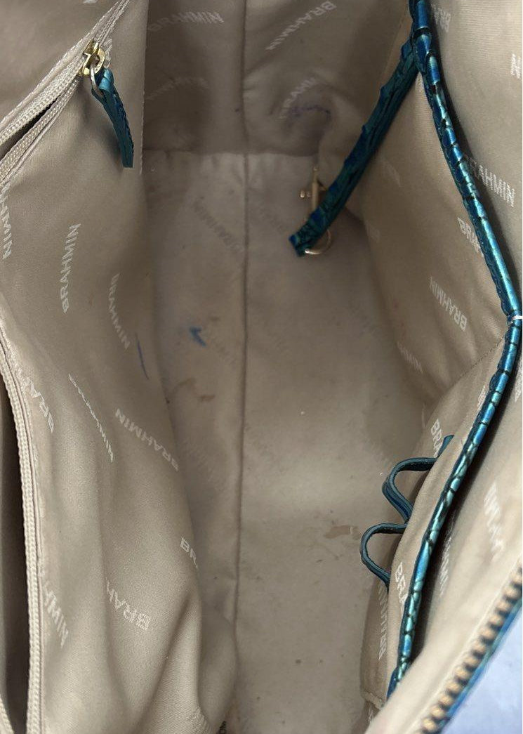 Teal blue-green croc-embossed leather satchel with top handles and shoulder strap, view 7