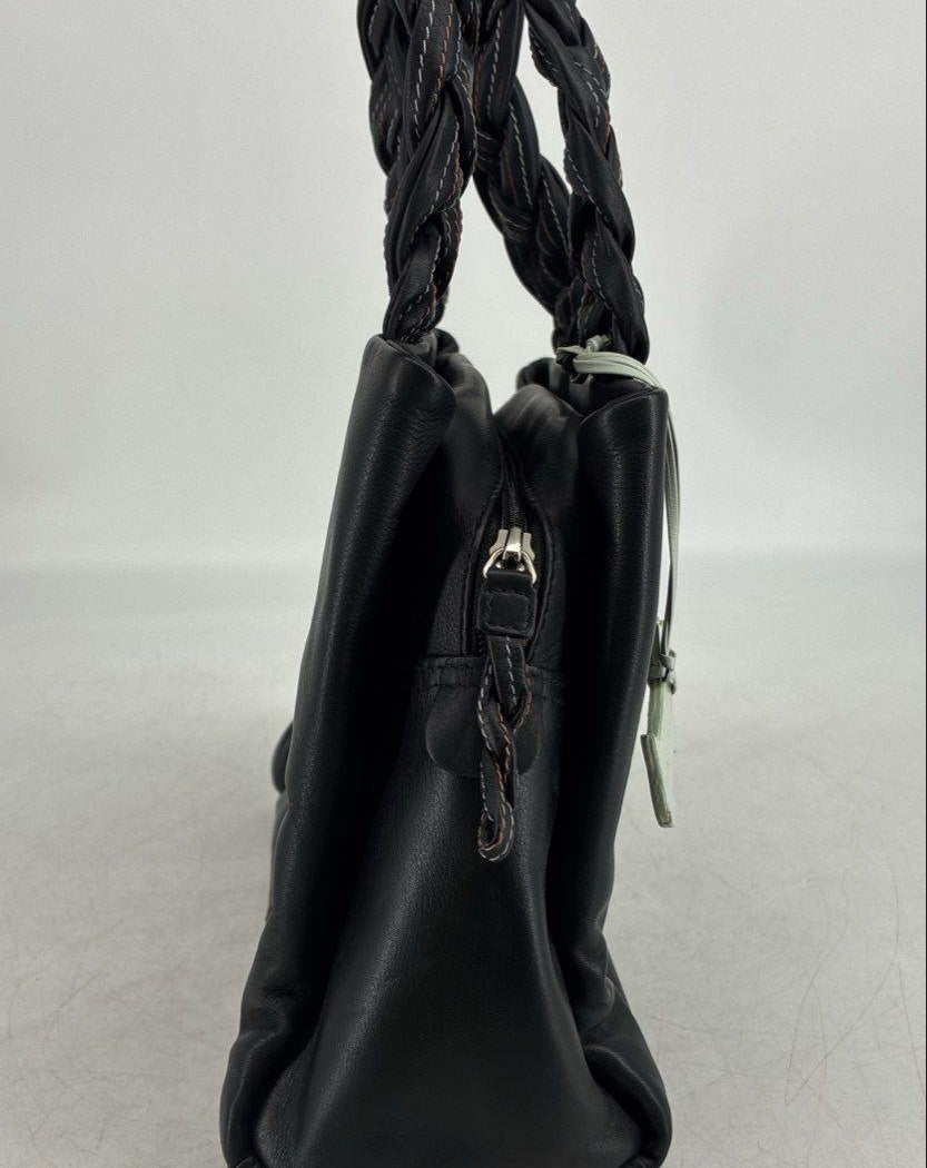Radley London black leather shoulder bag with braided handles and white Scottie dog charm, view 6