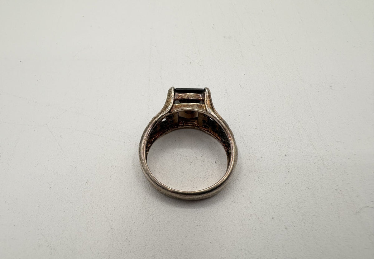 Signed NV sterling silver ring with rectangular smoky brown faceted stone in openwork gallery, view 5
