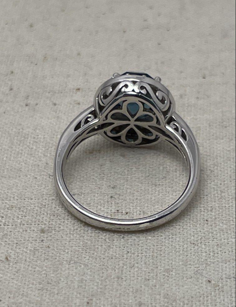 Ornate silver ring with blue and clear rhinestones, view 3