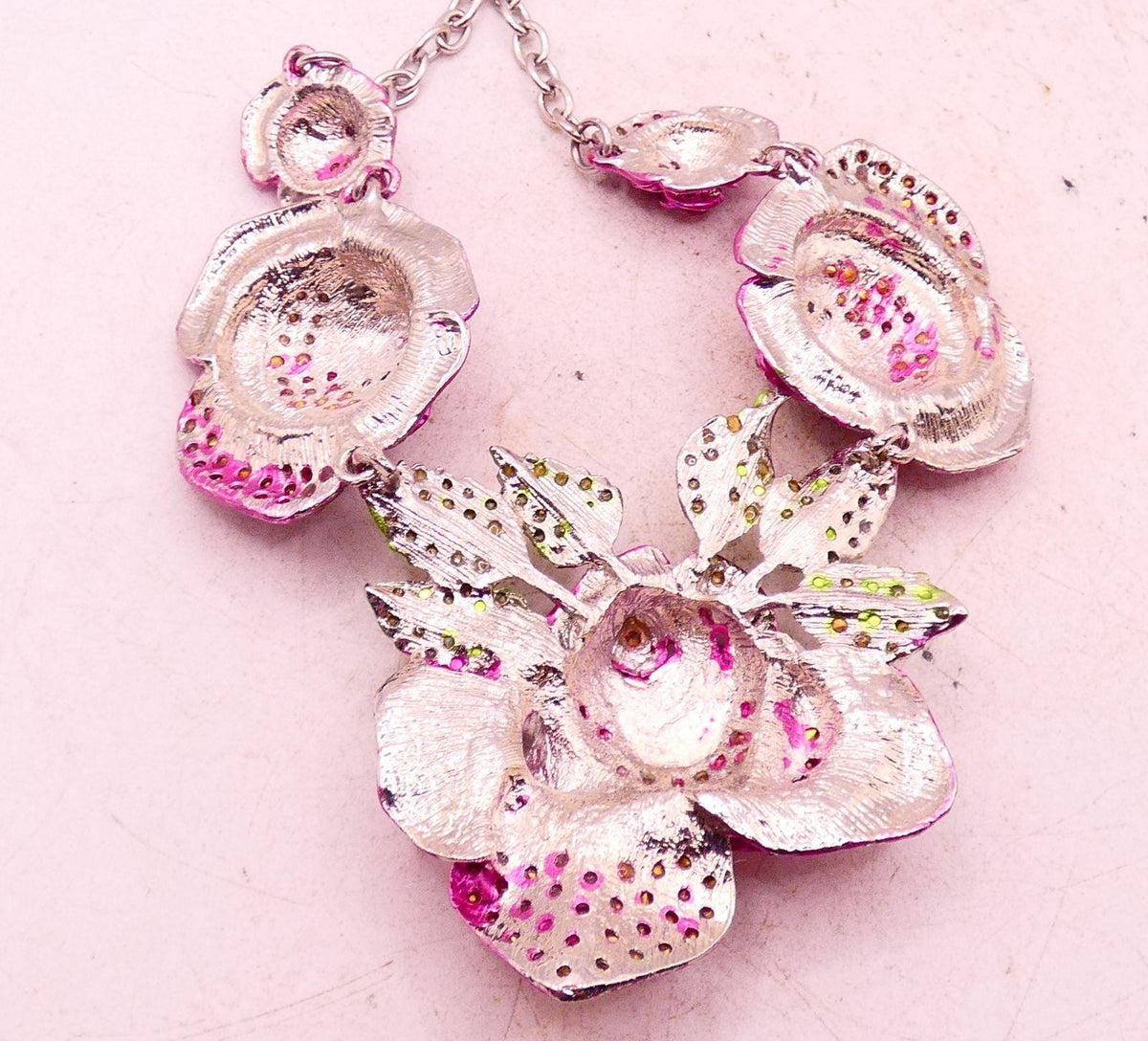 Pink Rose Cluster Rhinestone Statement Necklace