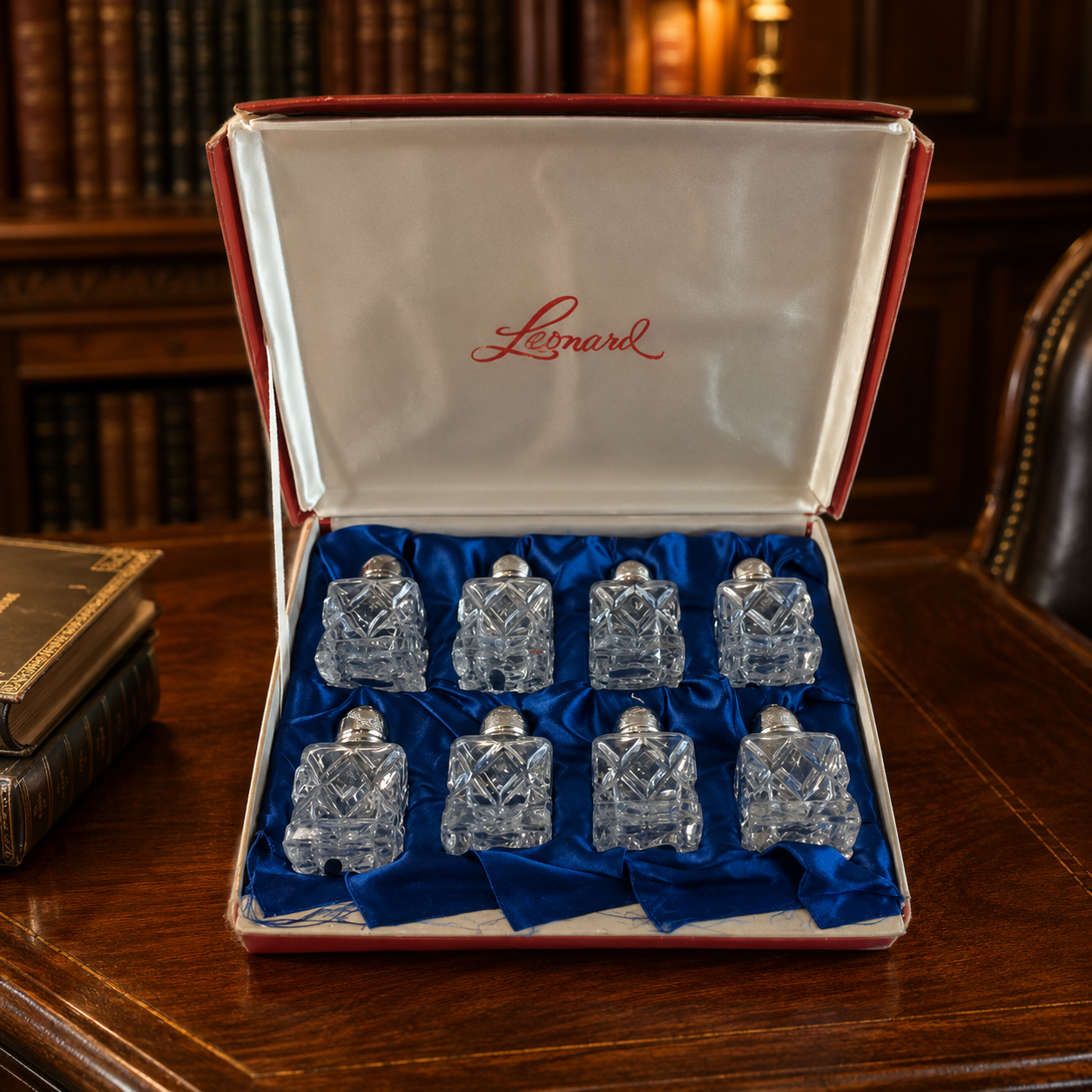 Leonard Glass & Silver-tone Salt and Pepper Shakers 8 Piece Set Vintage Japan
