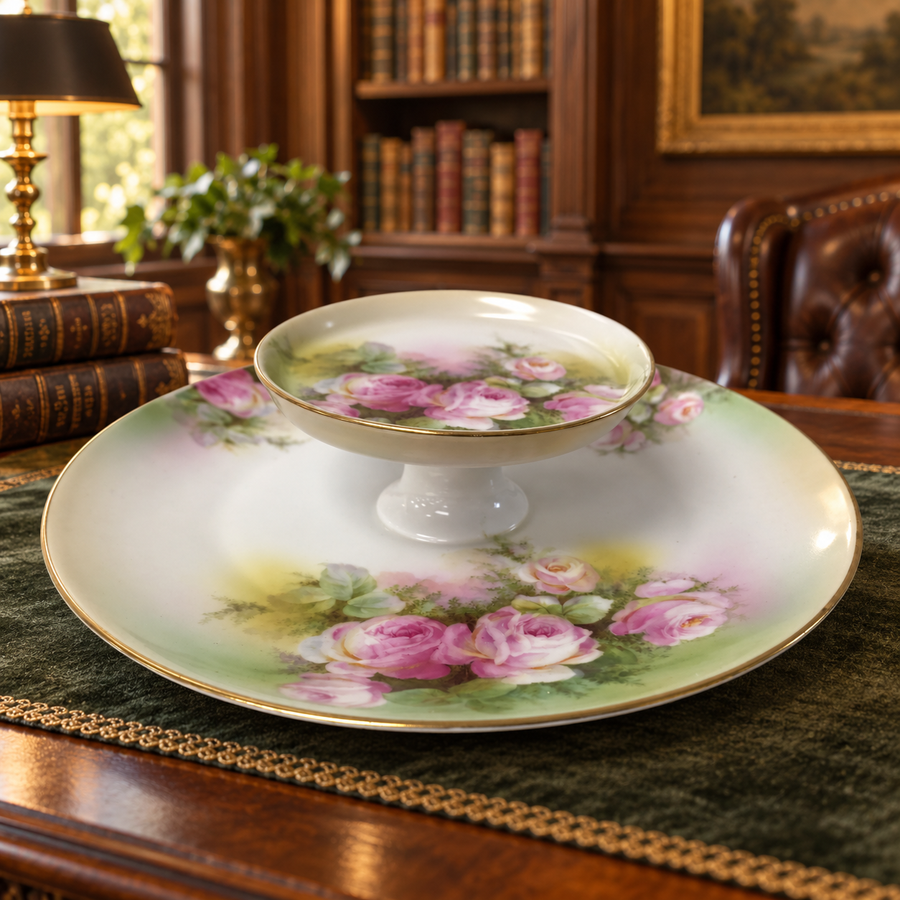 Pink Rose Porcelain Pedestal Serving Dish with Gold Trim
