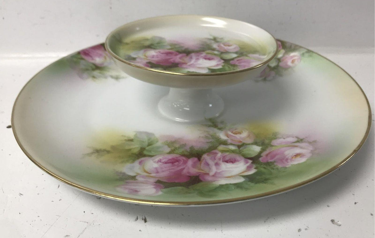 Pink Rose Porcelain Pedestal Serving Dish with Gold Trim