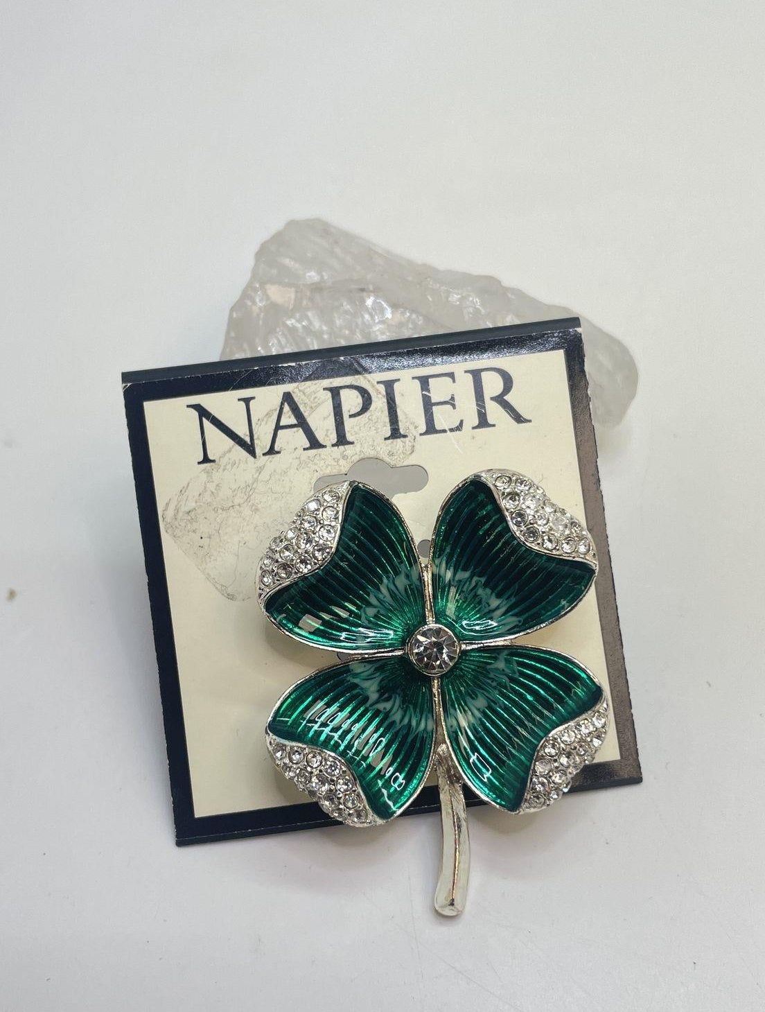 Silver-tone clover brooch with folded green rhinestone leaves, view 3