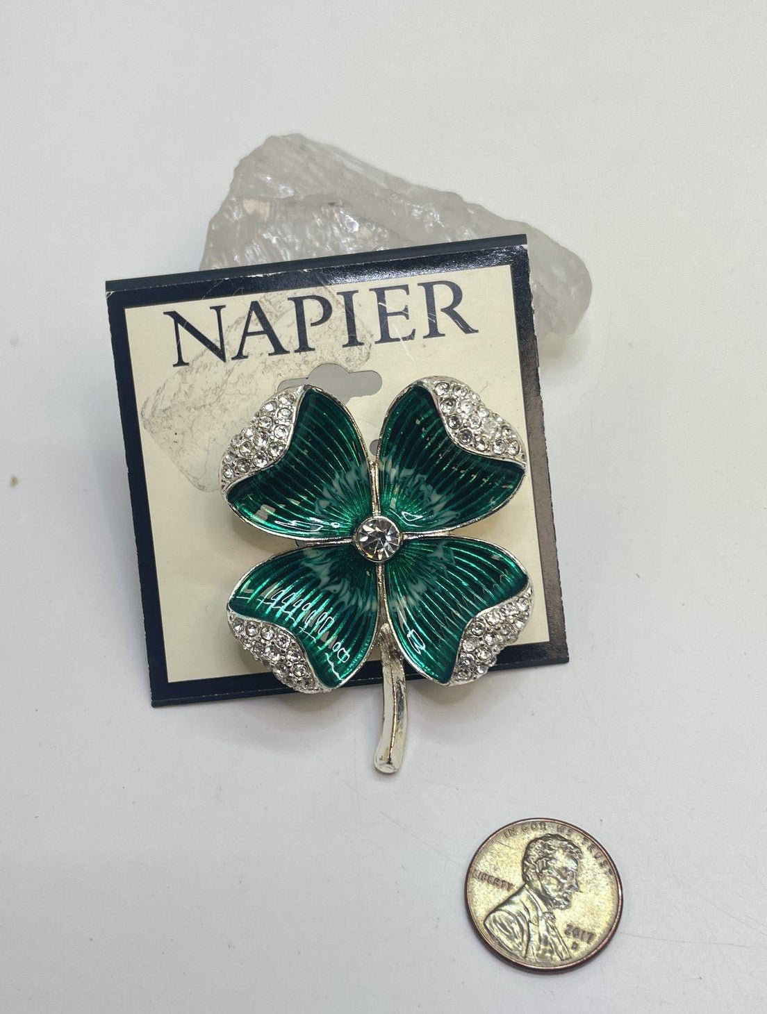 Silver-tone clover brooch with folded green rhinestone leaves, view 4