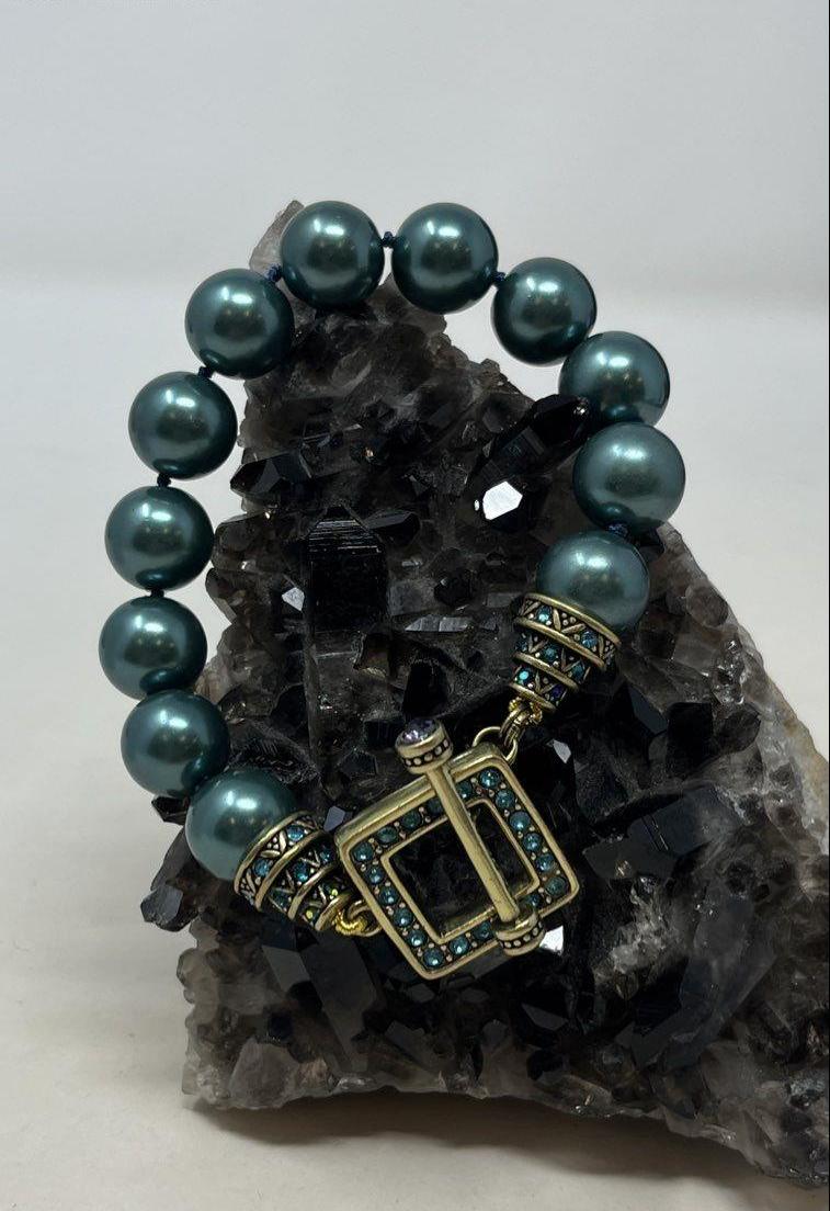 Heidi Daus Teal Beaded Toggle Bracelet Crystal Clasp