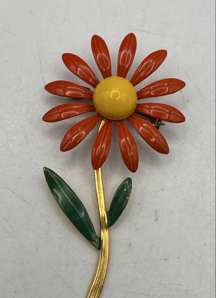 Vintage Orange Yellow Daisy Brooch and Clip Earring Set