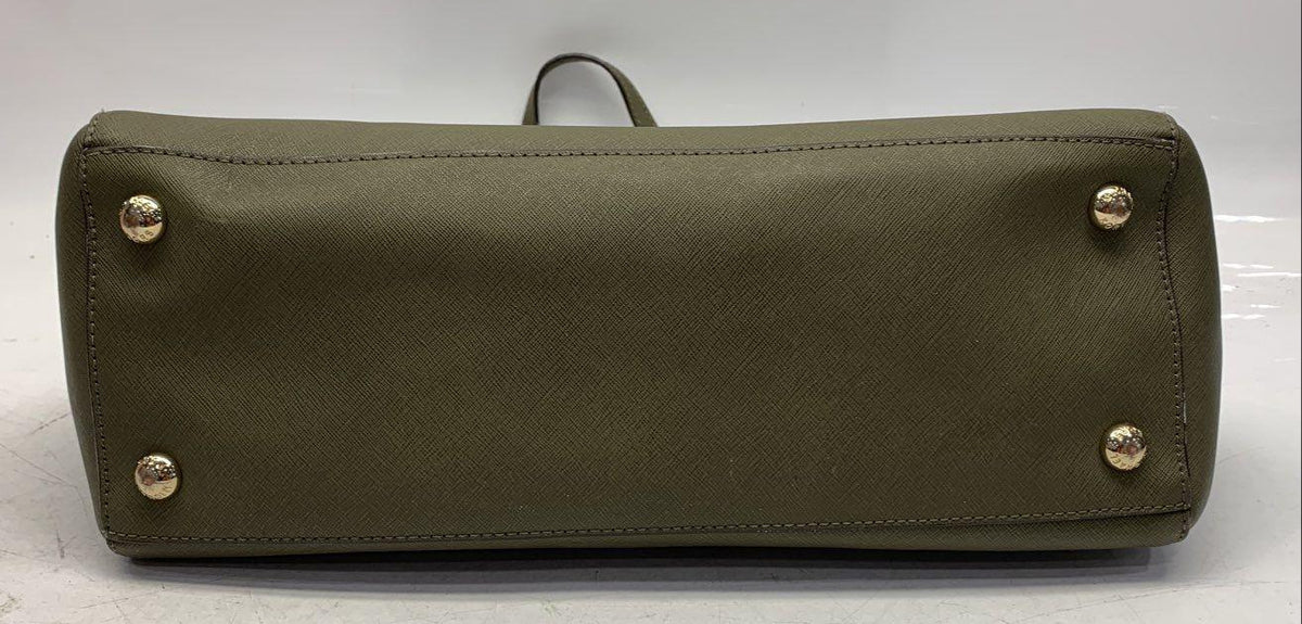 Michael Kors olive green Saffiano leather travel tote with MK medallion and gold-tone hardware, view 7