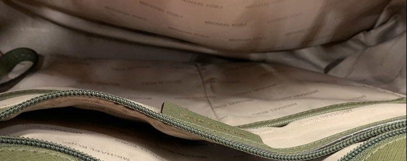 Michael Kors olive green Saffiano leather travel tote with MK medallion and gold-tone hardware, view 9