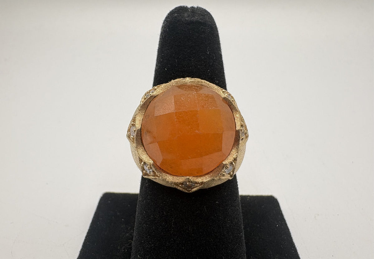 Gold-tone ornate statement ring with faceted amber-orange center stone, view 2