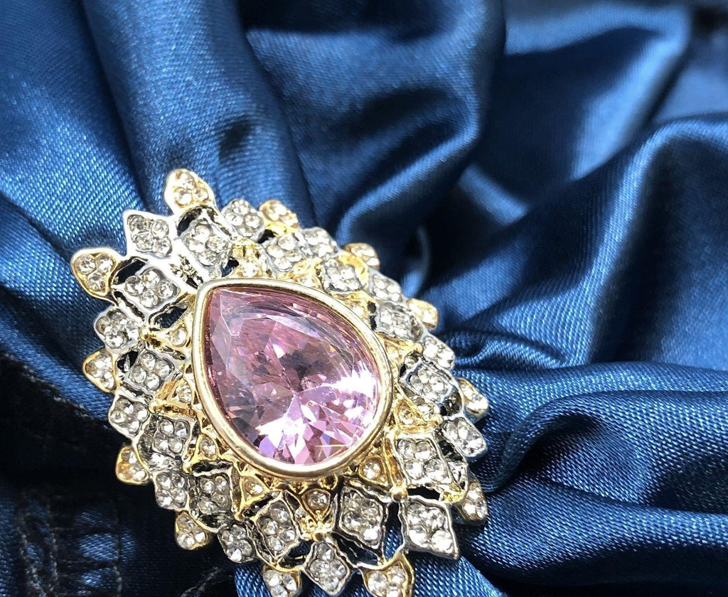 Sterling Silver 925 Sparkly Pink & White Glass Rhinestones Statement Size 8 Ring
