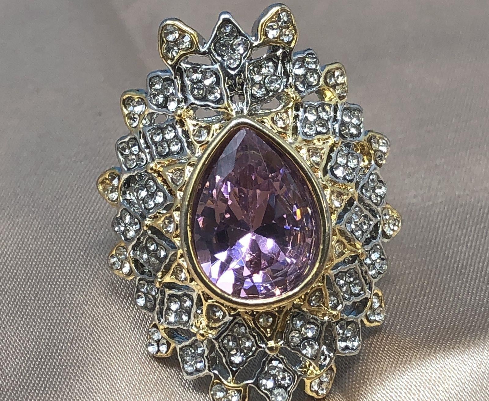 Sterling Silver 925 Sparkly Pink & White Glass Rhinestones Statement Size 8 Ring