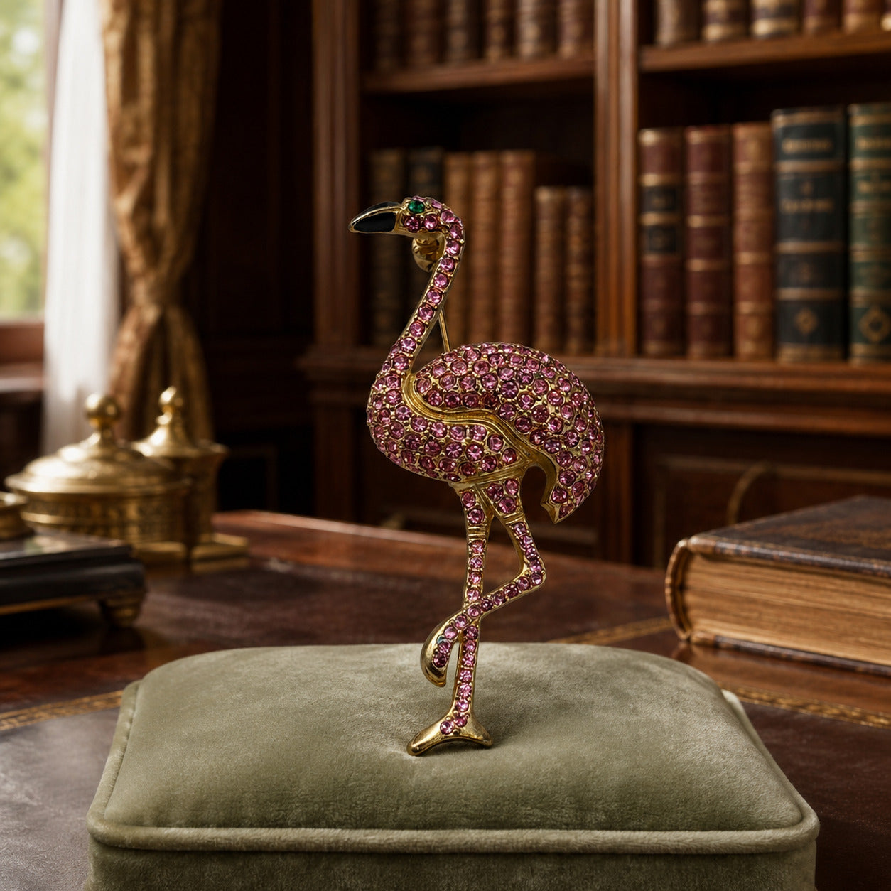 Vintage Gold Tone Pink Rhinestone Flamingo Brooch 3.25 Inch