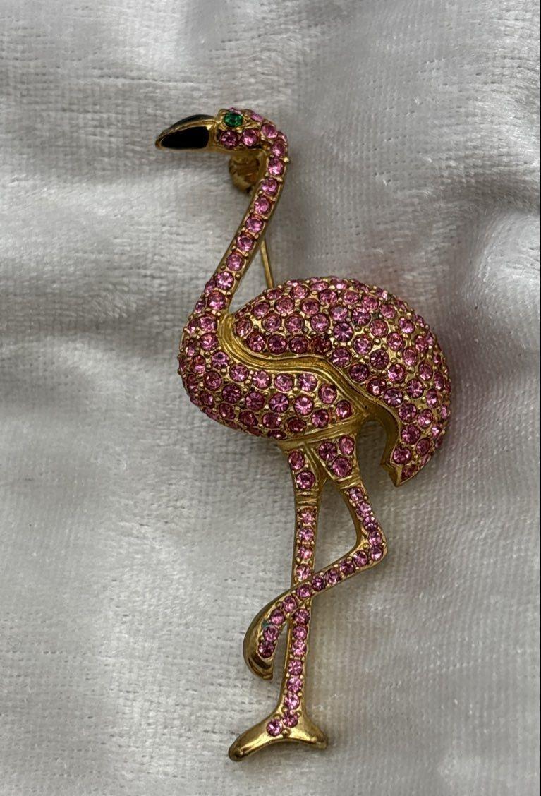 Vintage Gold Tone Pink Rhinestone Flamingo Brooch 3.25 Inch