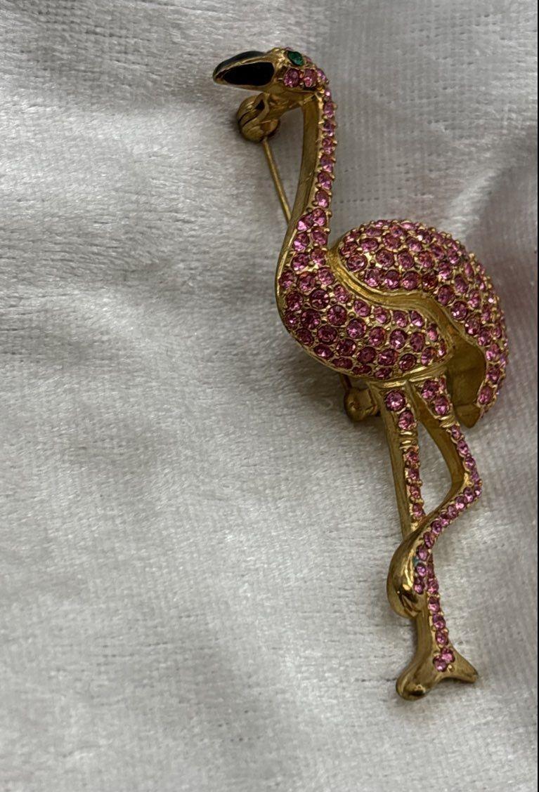 Vintage Gold Tone Pink Rhinestone Flamingo Brooch 3.25 Inch