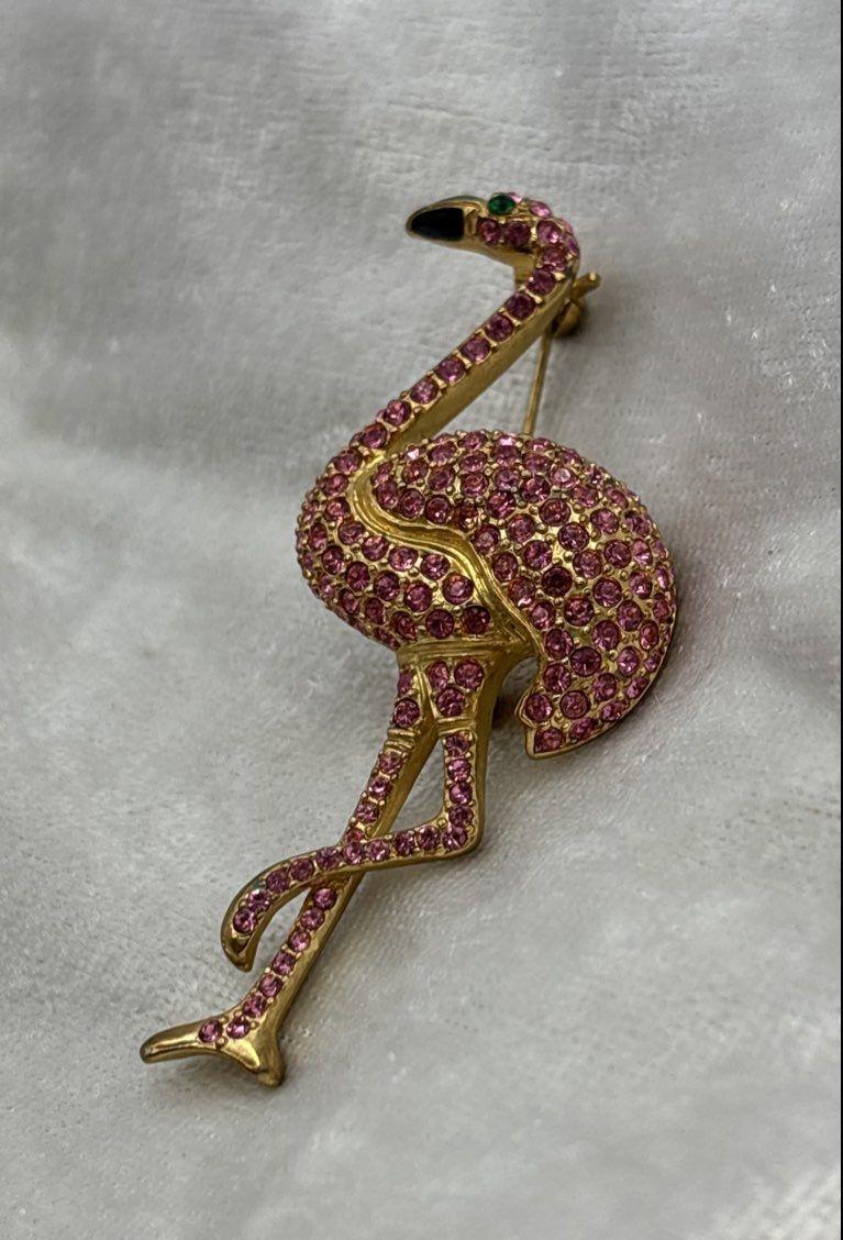 Vintage Gold Tone Pink Rhinestone Flamingo Brooch 3.25 Inch