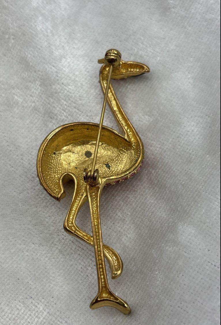 Vintage Gold Tone Pink Rhinestone Flamingo Brooch 3.25 Inch