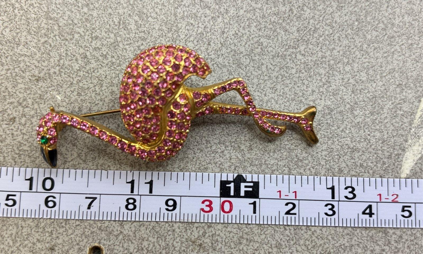 Vintage Gold Tone Pink Rhinestone Flamingo Brooch 3.25 Inch